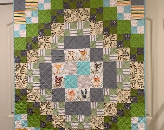 Neutral woodland animals - toddler quilt-greens, gray and blue ,surrounded by woodland animals--patchwork quilt- 43x53