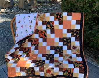 Autumn metallic Patchwork Quilt-handmade-Fall quilt-lap quilt with vibrant fabrics-47”x57”-Quilt for sale