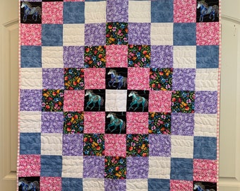 Magical horses and wildflowers quilt, Baby-toddler-crib Quilt-handmade-one of a kind patchwork quilt,