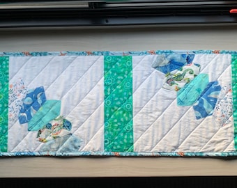 Quilted table runner-Dresden plate table topper. Ocean theme 33”x12” handmade. Whales-seahorses-turtles-narwhals-jellies. Ready to ship