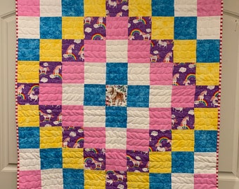 A pony, unicorns and dragonflies quilt, Baby-toddler-crib Quilt-handmade-one of a kind patchwork quilt,