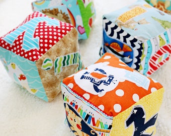 Complete Alphabet, 5 each fabric block set-5" blocks with crinkle panel and rattle inside-sensory cube,