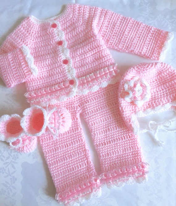 Crochet Baby Girl Clothes Baby Girl Coming Home Outfit Pink Baby Set Baby Girl Outfit Winter Newborn Clothes Baby Girl Hat and Booties