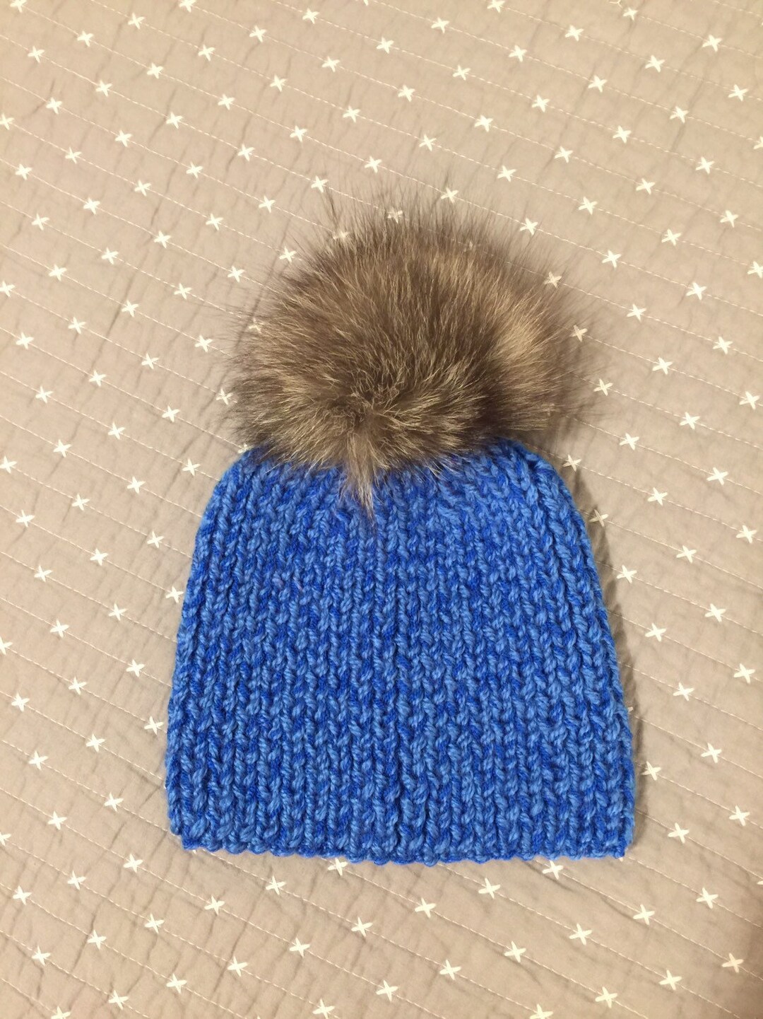 Knitted Baby Boy Blue Hat Natural Fur Pom Pom Hat 69 Months Etsy