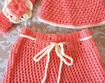 Baby girl coming home outfit. Crochet baby girl clothes. Baby shower gift. Crochet set. Crochet baby hat. Baby skirt. Baby headband