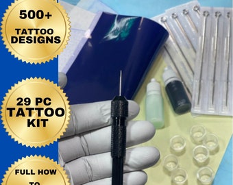 Handpoke Tattoo Kit | SMALL Stick Poking DIY Tattooing Kit-29pc kit ink-needles-ink caps-transfer paper, Handpoking Starter Kit