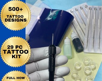 poke and stick tattoo kit -29pc kit ink-needles-ink caps-transfer paper Handpoke Set, Handpoking Starter Kit, 500+ tattoo  design included