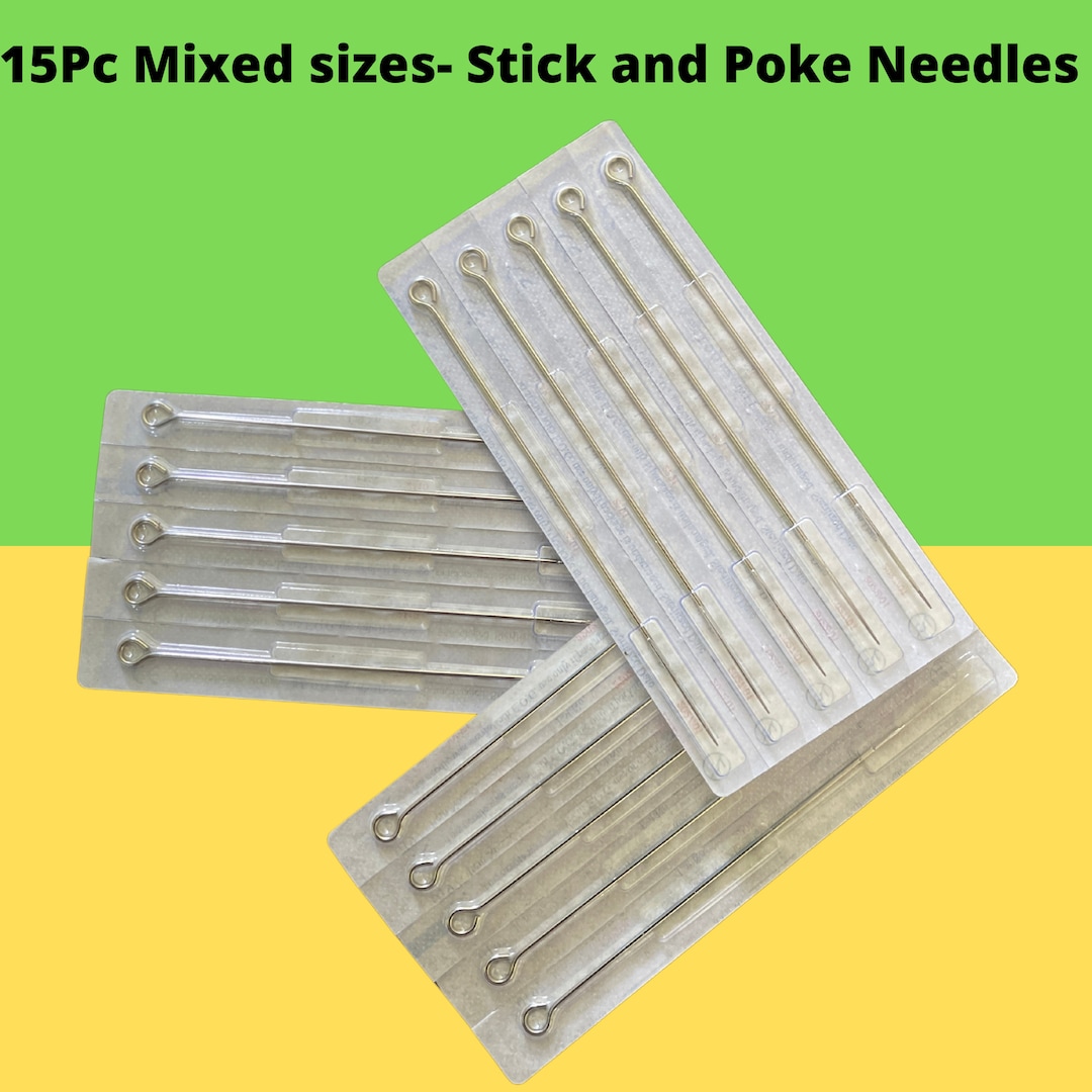 15pc Stick and Poke Needles - Mixed sizes Pack of 3 RL, 5RL, and 7RL Needles for Hand Poke Tattoo kit