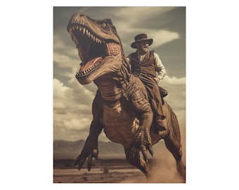 vintage Dinosaur Cowboy, Vintage photography, Art Poster Print, Dark Academia, Gothic Occult Poster, Gothic Home Decor, Western Jurassic