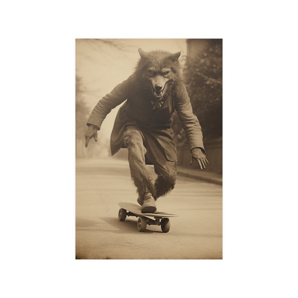Werewolf on skatebord, Vintage photography, Art Poster Print, Dark Academia, Gothic Occult Poster, skateboarder gift, Gothic, Lycanthropy