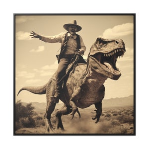 Vintage Dinosaur Cowboy. Gallery Canvas Wraps in Square Frame