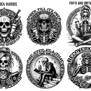Könnte beinhalten: Sechs schwarz-weiße Illustrationen von Schädeln mit verschiedenen Designs und Texten. Der Text beinhaltet "Slaying the Sober Life", "Sober Till It's Over", "One Step at a Time", "Sober & Blessed", "We Do Recover" und "Recovery Rocks".