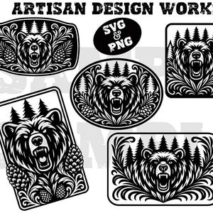 May include: Black and white illustrations of bear designs with the text "ARTISAN DESIGN WORKS" and "SVG & PNG". The designs feature bears with open mouths, surrounded by pine trees and floral elements, in various rectangular and oval shapes.