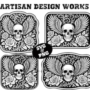 May include: Black and white graphic design featuring four ornate belt buckle designs. Each design includes a skull with wings, roses, and scrolling flourishes. The text "ARTISAN DESIGN WORKS" is at the top. The words "SVG & PNG" are on a black oval.