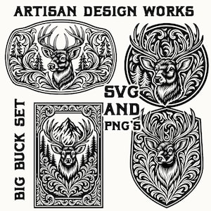 May include: Black and white graphic set featuring deer designs. Includes a rectangular belt buckle, a circular emblem, a rectangular frame with a mountain, and a shield shape. Text includes "ARTISAN DESIGN WORKS", "SVG AND PNG'S", and "BIG BUCK SET".