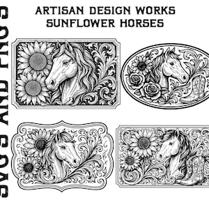 Op de afbeelding: Zwart-wit illustraties met paarden, zonnebloemen en bloemmotieven. De afbeeldingen tonen rechthoekige en ovale vormen met gedetailleerde lijntekeningen. De tekst "ARTISAN DESIGN WORKS SUNFLOWER HORSES" is zichtbaar.