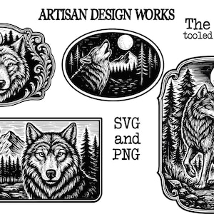 Puede incluir: Ilustraciones en blanco y negro de lobos en varios diseños. Uno muestra un lobo aullando a la luna, otro un rostro detallado de lobo, y otros presentan escenas de bosque. El texto incluye "Artisan Design Works" y "The Wolf tooled leather".