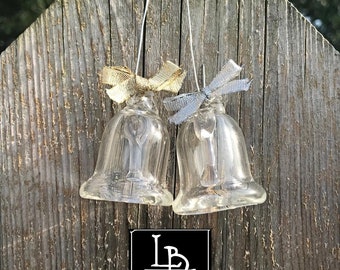 Set of 2 Clear MINI SIZE Blown Glass Christmas Bell Ornaments Handmade in USA Glass Christmas Tree Holiday Gifts Wedding Bells Party Favor