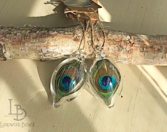 SET of 2 MINI Handmade Blown Clear Lightweight Glass Mother's Day Gift Ornaments Decor SunCatcher with Real Peacock Feather Good Luck