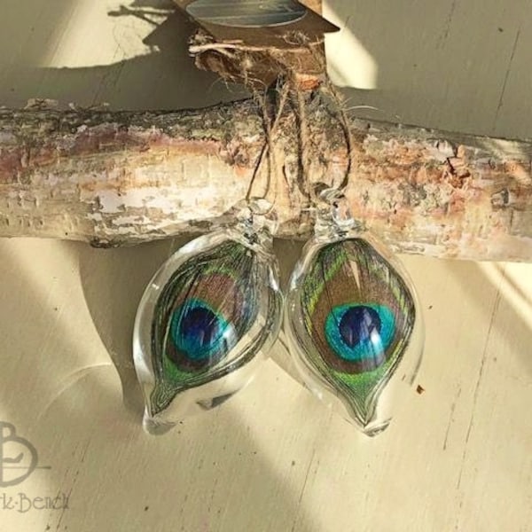 SET of 2 MINI Handmade Blown Clear Lightweight Glass Mother's Day Gift Ornaments Decor SunCatcher with Real Peacock Feather Good Luck