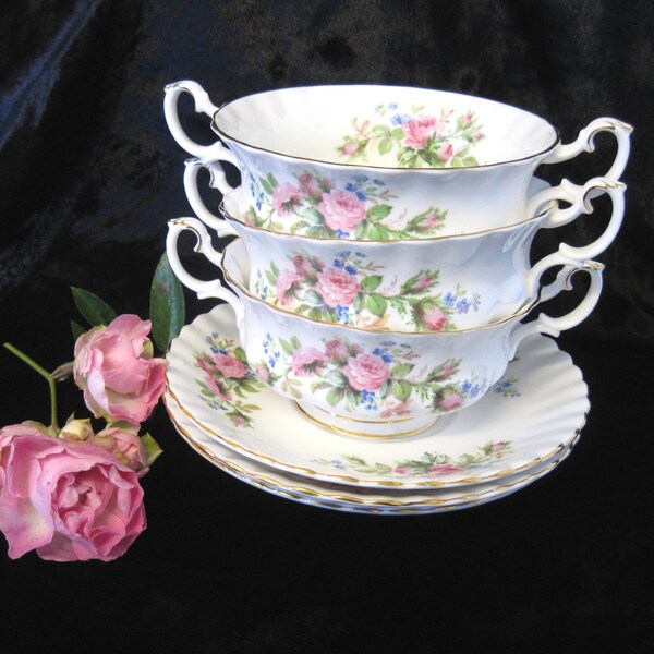 3 Vintage Royal Albert Soup Coupes and Underplates, Moss Rose