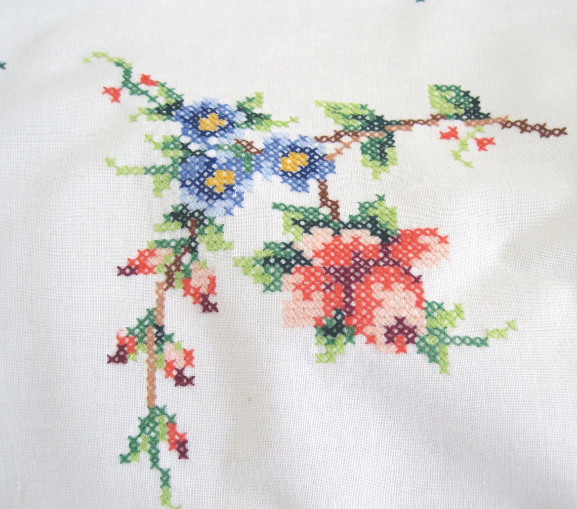 Vintage Cross Stitched Cotton Tablecloth Bright Floral Panels Etsy