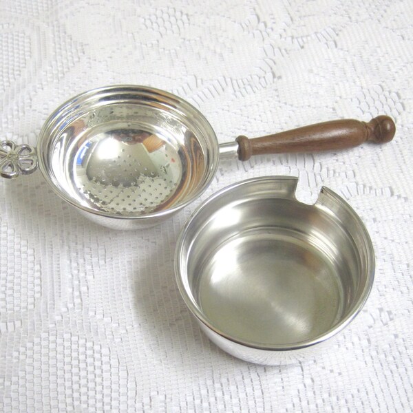 Vintage Tea Strainer with Turned Wooden Handle and Drip Bowl