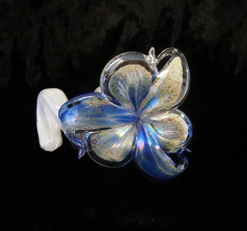 Murano Blown Art Glass Flower Ornament Iridescent Blue with image 0