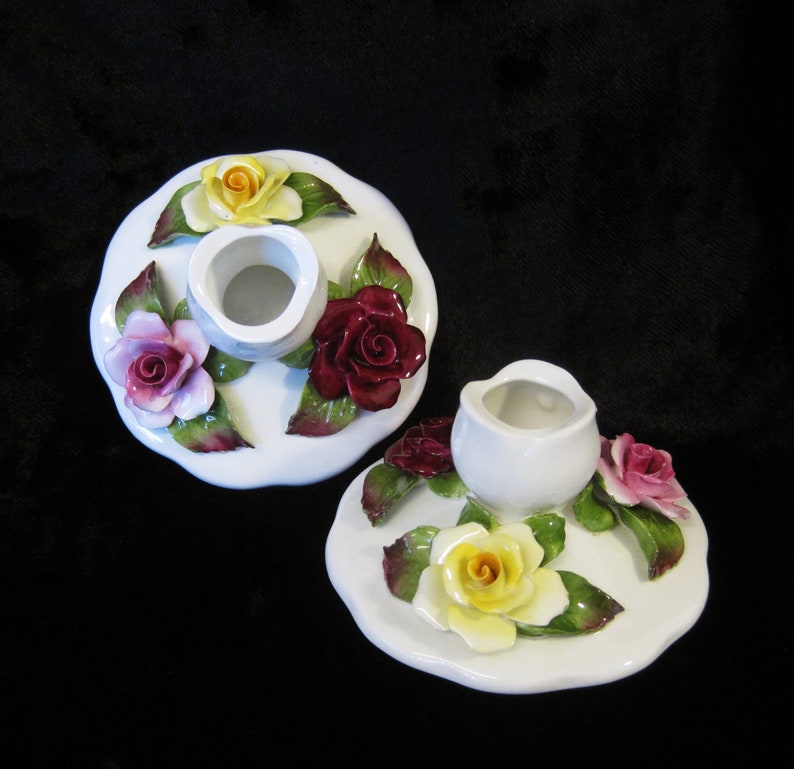 Pair of Aynsley Fine Bone China Rose Candle Holders Hand image 0
