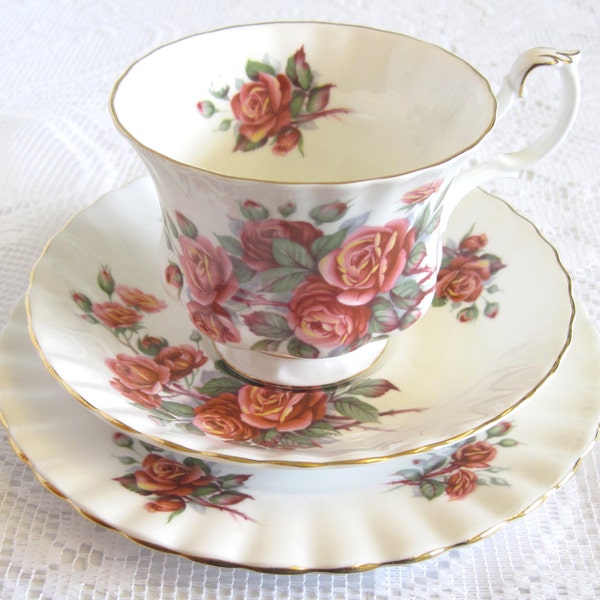 Royal Albert Centennial Rose Tea Trio,  First Quality, Lovely Red Roses