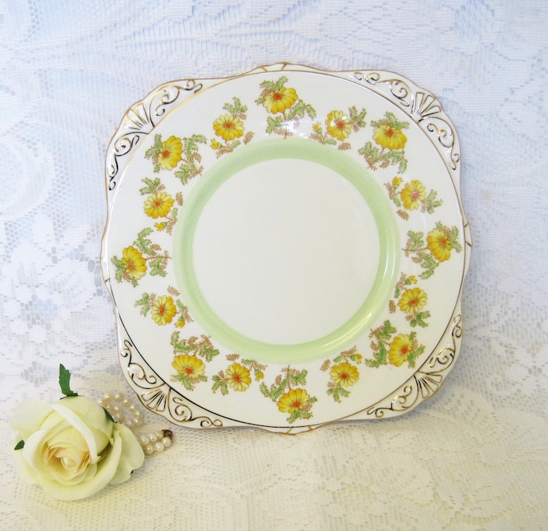 Royal Grafton China Cake or Bread Plate Grenville Pattern Yellow Marigolds with Orange Centres Hand Painted Over Transfer Print