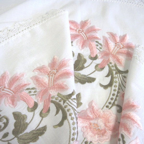 Oval Embroidered Linen Tablecloth, Peach Lilies with Crocheted Lace Trim, REDUCED PRICE