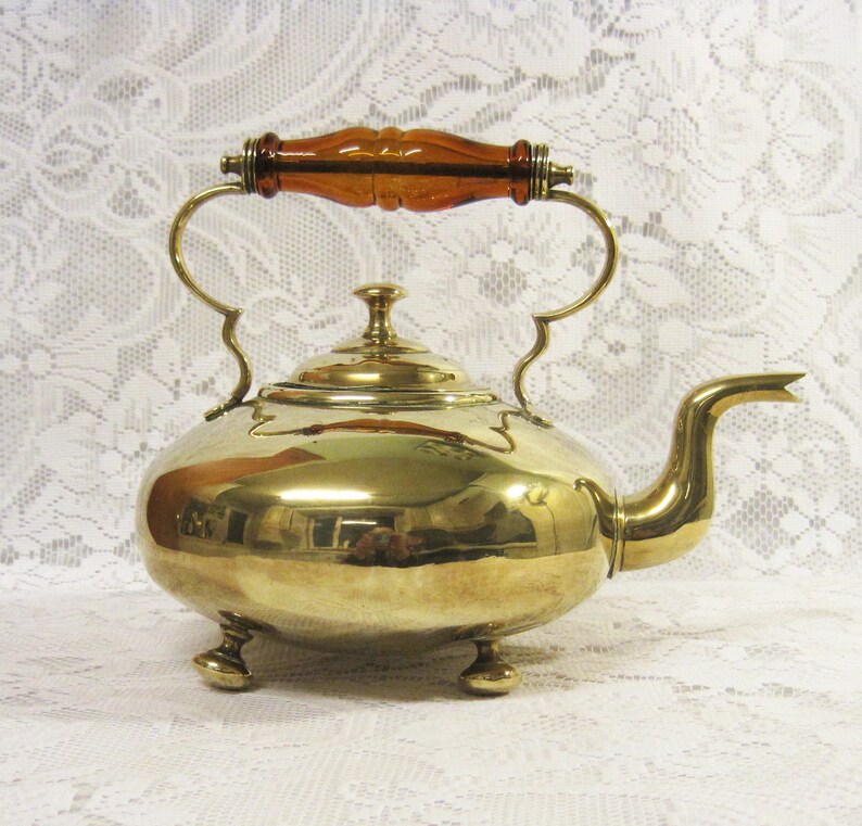 Large 3.5 pint Brass Tea Kettle with Amber Glass Handle image 0