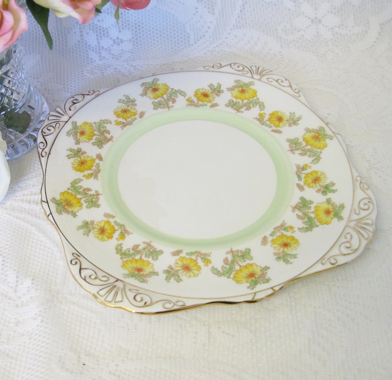 Royal Grafton China Cake or Bread Plate Grenville Pattern Yellow Marigolds with Orange Centres Hand Painted Over Transfer Print