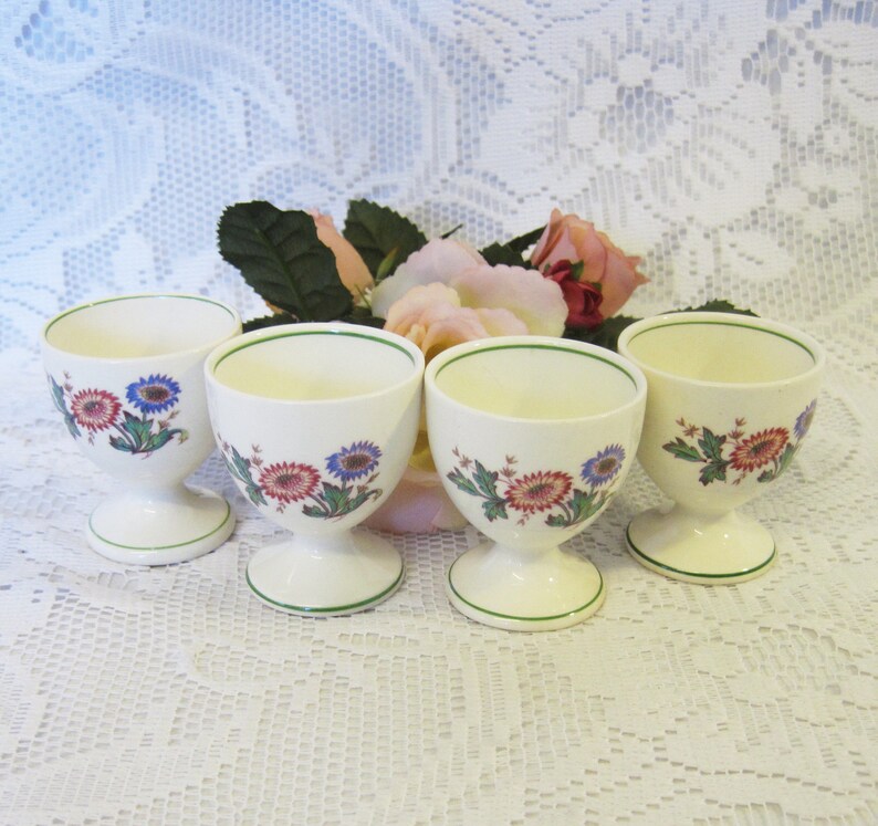 4 Vintage Wedgwood China Egg Cups Floral with Green Trim image 0