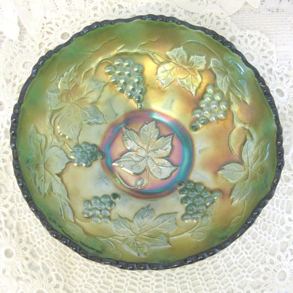 Vintage Carnival Glass Bowl, Iridescent Green, Grapevine Pattern