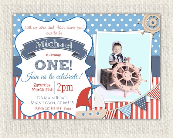 Boys Nautical Theme 1st Birthday Invitation / Printable Download / First Birthday Photo Invitation Invites Red and Blue Sail Boat Il_570xn