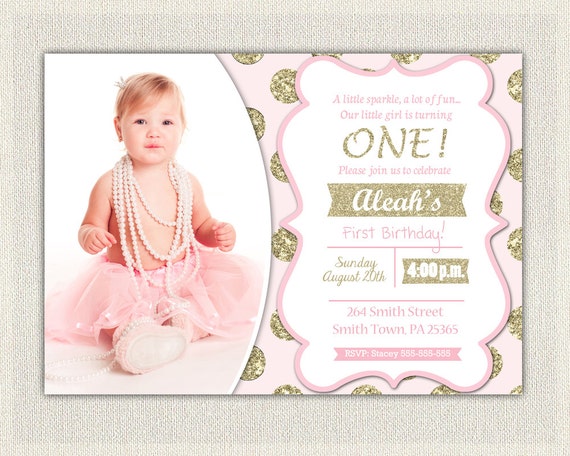 Pink And Gold Birthday Invitation Polka Dots Glitter Princess First