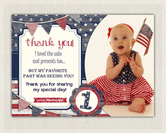 4th July birthday thank you card. Thank you Note Personalized thanks patriot red white and blue stars and stripes birthday thanks (199) Il_570xn