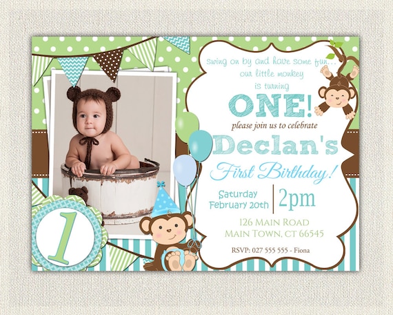 Boys Blue And Green Monkey 1st Birthday Invitation Printable