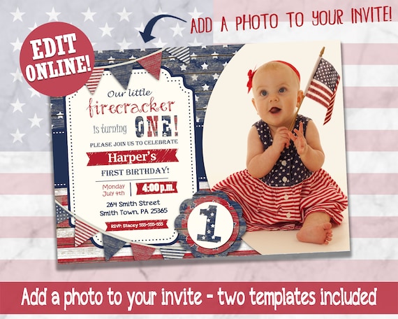 DIY 4th July Any Age Birthday Invitation Gender Neutral - fourth of July patriot red white and blue stars and stripes party - INDE Il_570xn