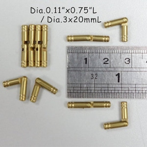 May include: A set of 10 gold-colored metal hinges, each measuring 0.11 inches in diameter and 0.75 inches in length. The hinges are shown next to a ruler for scale. Dia. 0.11" x 0.75" L / Dia. 3 x 20mm L