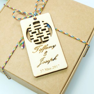 Etiquetas de agradecimento de casamento de felicidade chinesa - Cartões de agradecimento de casamento - Etiqueta de lembranças de casamento - Cartões de casamento - Etiqueta de presentes - Etiqueta de madeira personalizada