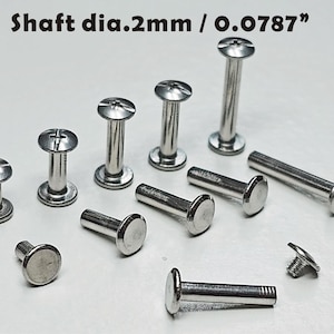 Peut inclure: Divers rivets et vis argentés. L'image présente différents types et tailles de fixations, avec le texte "Shaft dia.2mm / 0.0787" en haut. Ces éléments sont probablement utilisés dans l'artisanat ou pour assembler des matériaux.