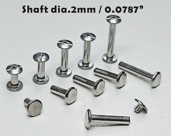 Diámetro 0,0787" / Diámetro 2 mm - Postes de tornillo Chicago de metal - Cabeza plana y abovedada, sujetadores de acero inoxidable para cuero, cinturones y proyectos personalizados.