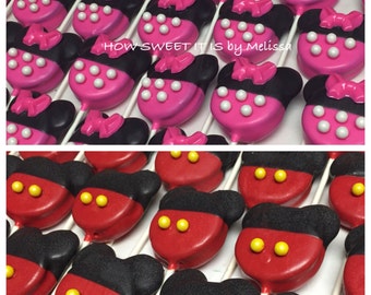Minnie Mouse/Mickey Mouse Chocolate Covered Double Stuffed Oreo Pops(1 dozen) - Minnie Mouse, Birthday, Baby Shoer