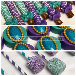 May include: A set of purple and teal themed party favors. The set includes chocolate covered pretzels with purple and teal stripes and bows, chocolate covered Oreos with a teal center and gold beads, and marshmallow pops with purple and teal sprinkles.