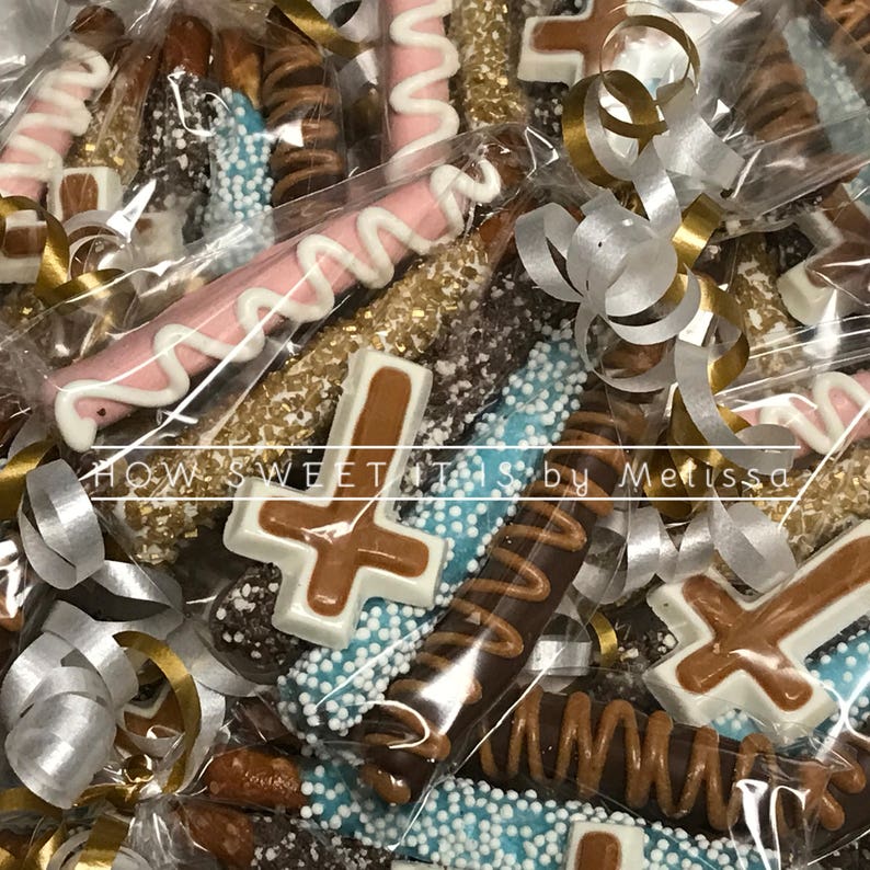 5-pk of Mini Chocolate Dipped Pretzels wth Matching Chocolate Cross Baptism, Communion, Christening, Confirmation image 1