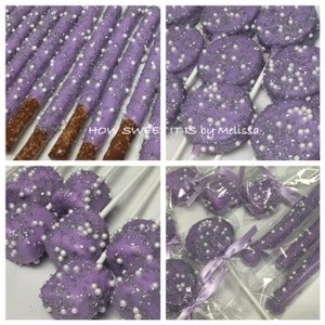 May include: Purple and white pretzel rods, cake pops, and cookies decorated with sprinkles and white pearls. The treats are arranged on sticks and in clear bags. The text "HOW SWEET IT IS by Melissa." is visible in the image.