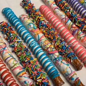 Custom Designed Chocolate Covered Pretzel Rods - 1 dozen (Birthday, Baptism, Baby Shower, Briday Shower, Party)
